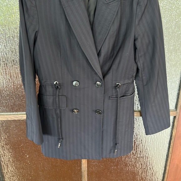 CO Blazer Jacket Black Pinstripe Wool Blend Tie Waist Pockets Size L - Picture 7 of 11